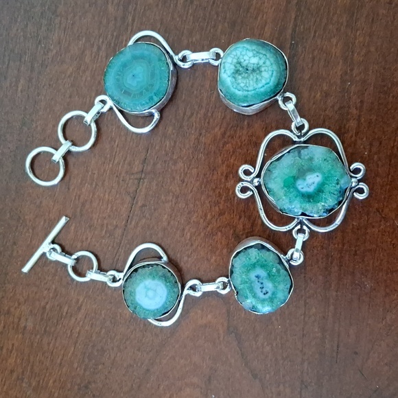 New Green Solar Slice Agate Geode 925 Silver Bracelet. - Picture 2 of 10